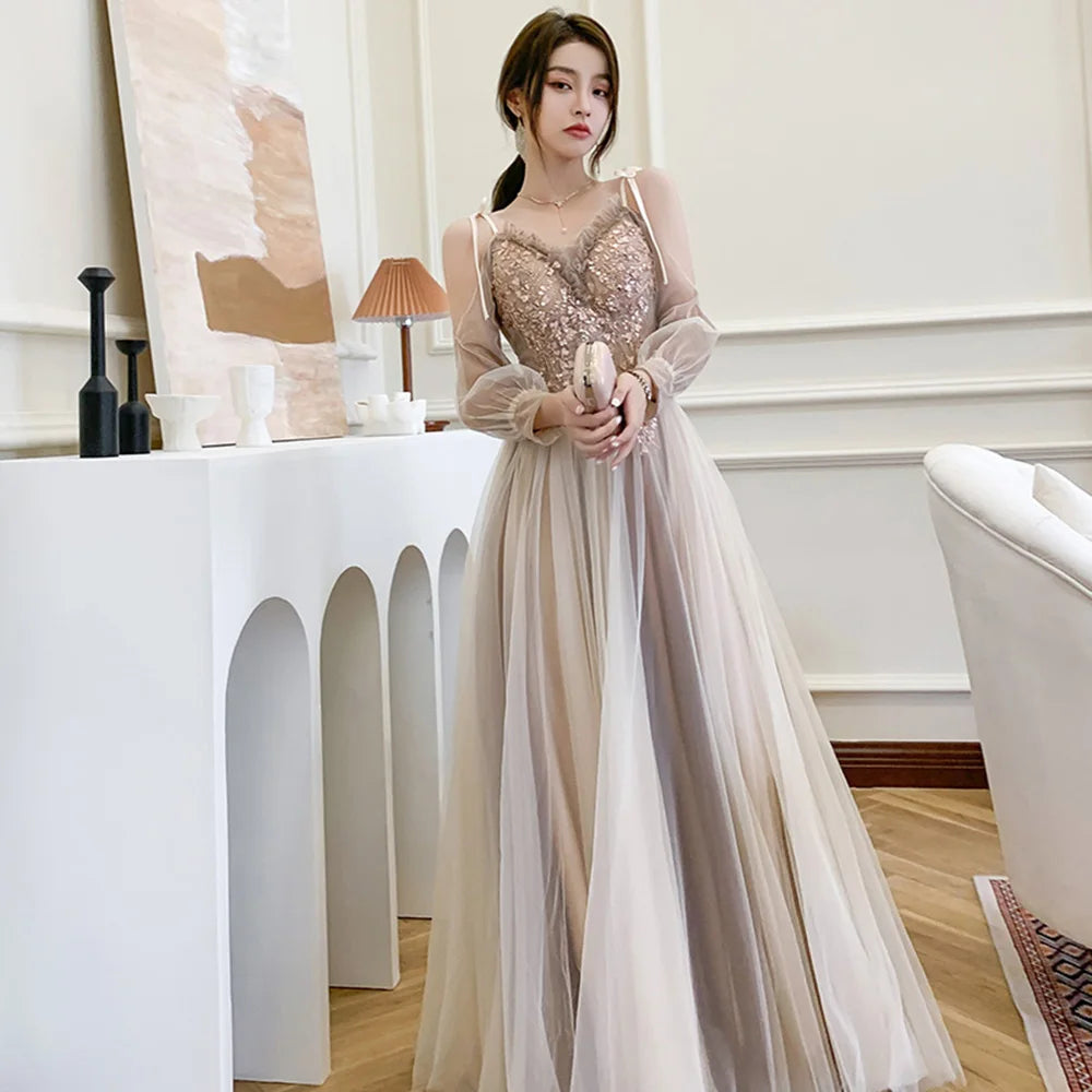 4 styles Champagne Pink Bridesmaid Dress Women's Elegant Off Shoulder Ruffles Sleeves Gown Sequins Flower Applique Vestido - Seprincess