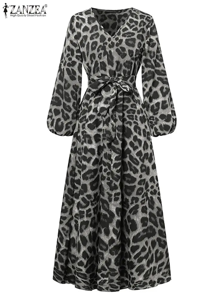 Vintage Women Long Sleeve Leopard Dresses ZANZEA Autumn Sundress Fashion Maxi Long Dress Party Vestidos Female V Neck Print Robe - Seprincess