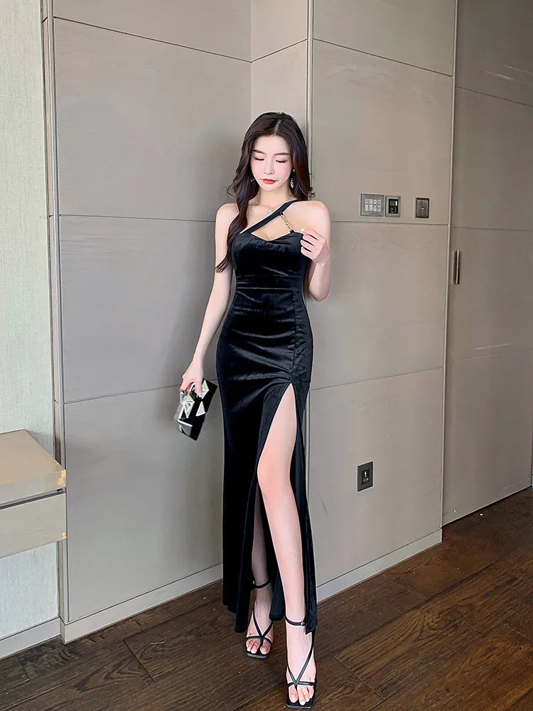 Black Leopard Velvet Dress Women Sleeveless Sexy Spaghetti Strap Dresses Ladies Party Club Evening High Waist Asymmterical - Seprincess