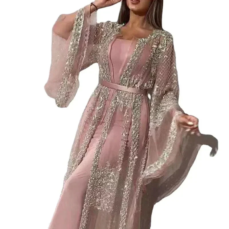 Women Fashion Party Evening Dresses Sexy Lace Maxi Long Dress High Waist Robe Summer Long Sleeve Elegant Abayas Deep V-neck Robe - Seprincess