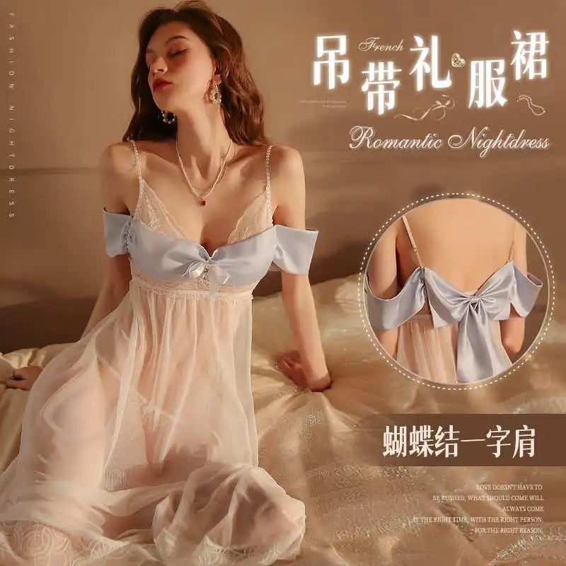 New Design Women's Sexy Spaghetti Strap Transparent Lingerie Dress Lady Honeymoon Fliter Long Sleepdress Goodness Nightgown - Seprincess