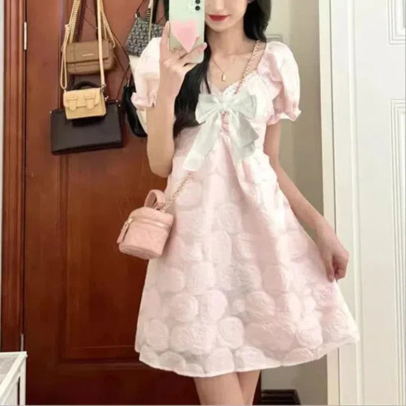 Japanese Bow Women's 2024 Summer New Spliced Puff Sleeve V-neck Flower Fashion Solid Color Slim All-match Princess Party Dresses - Seprincess