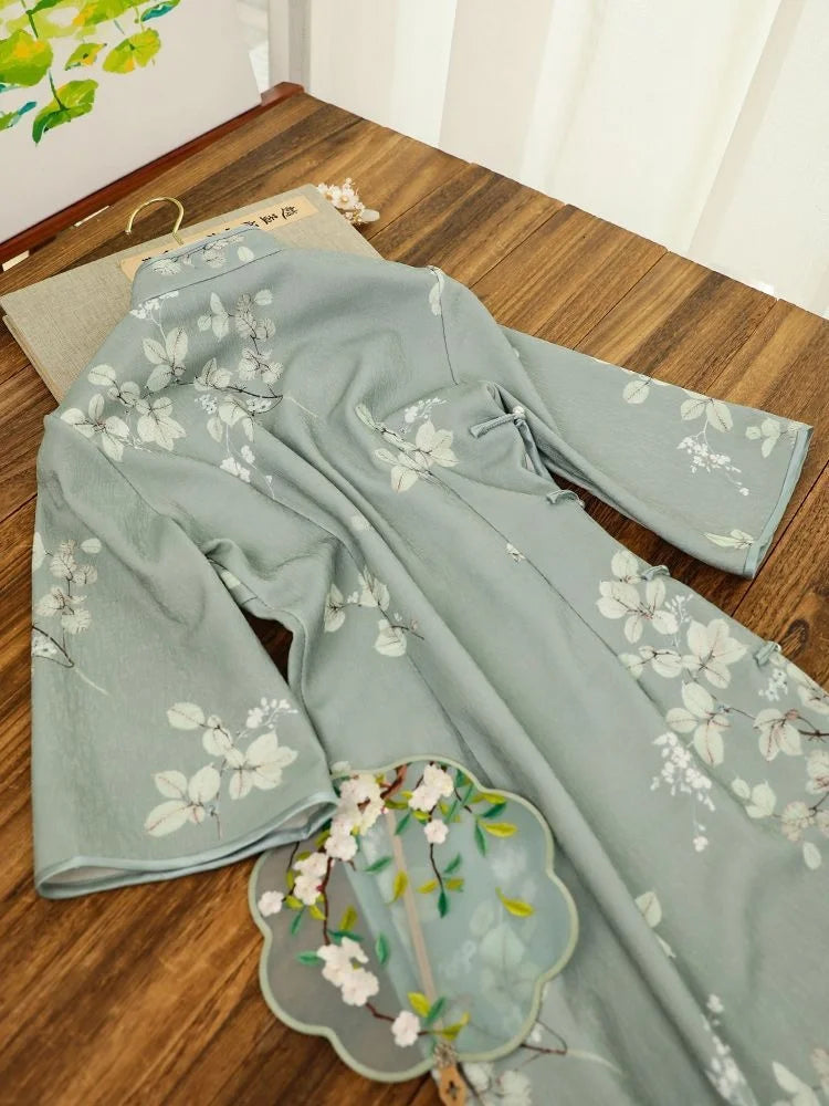 Inverted Sleeves Daily Green Flower Slim Qipao Women's Autumn Improved Modern Vintage Chinese-traditional-dress Cheongsam New - Seprincess