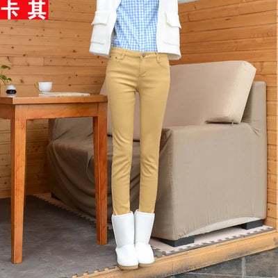 Korean Fashion Velvet Stretch Skinny Pant Women Mid Waist Warm Vaqueros Office Fleece Trousers Candy Colors Thick Winter Jeans