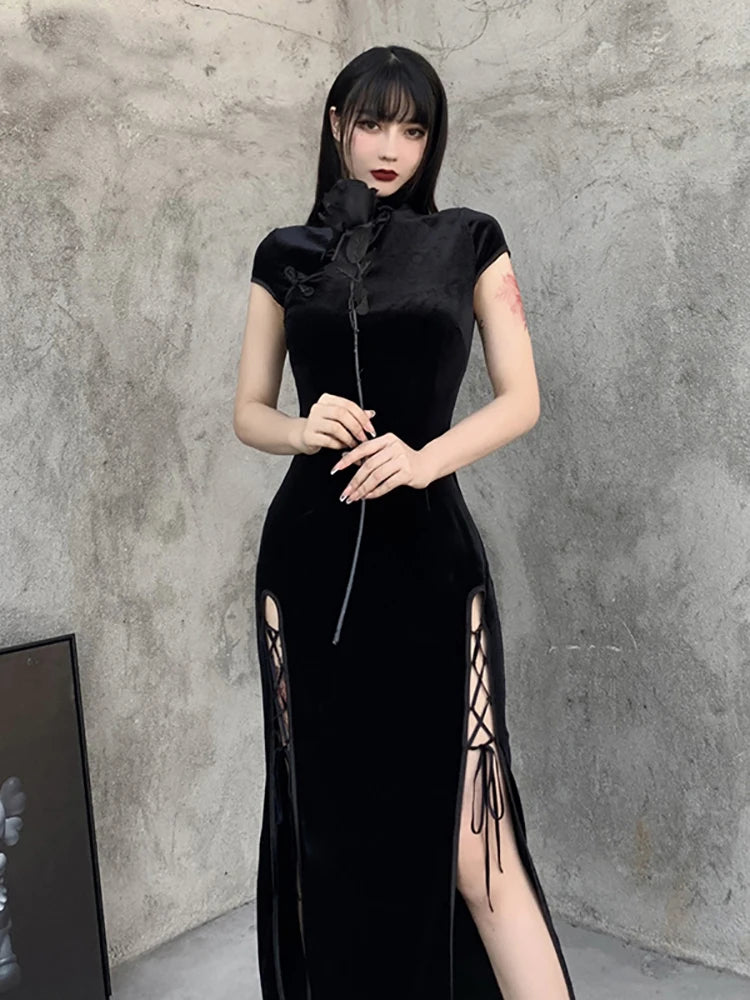 Goth Dark Romantic Gothic Velvet Aesthetic Dresses Vintage Women Black Bandage SlitHem Bodycon Dress Sexy Evening Wear Cheongsam - Seprincess