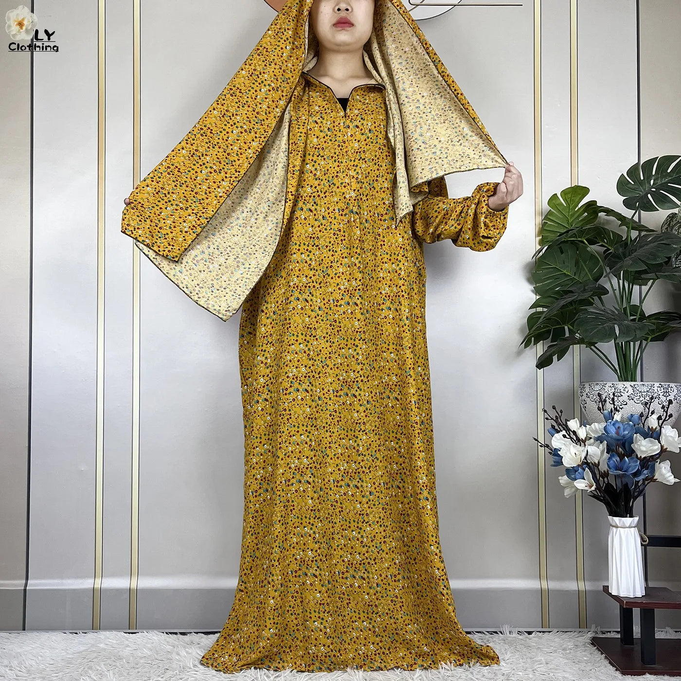 2024Latest Muslim Abayas For Women Ramadan Prayer Maxi Dubai Turkey Femme Cotton Robe Floral Loose African Dress Turban Attached