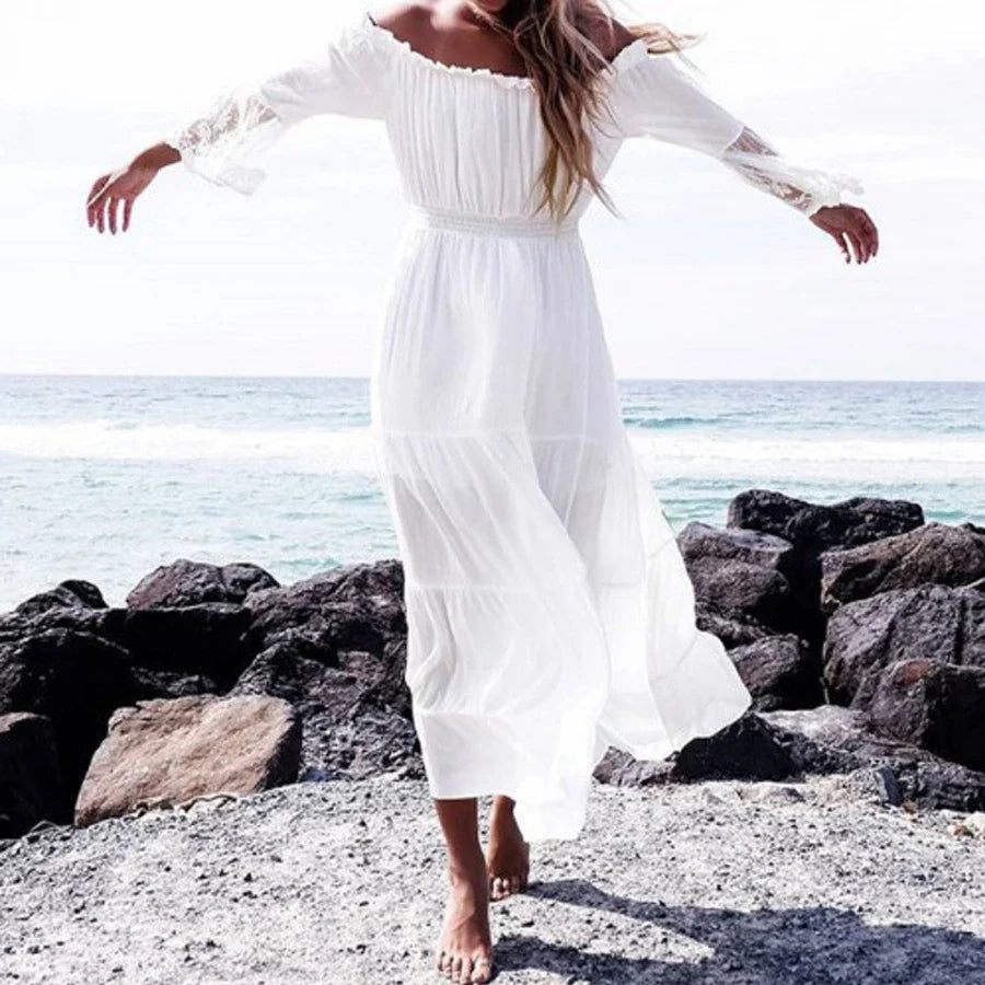 TEELYNN boho dress white sexy off the shoulder beach sundress Flare long sleeve splice lace women dresses summer vestidos - Seprincess