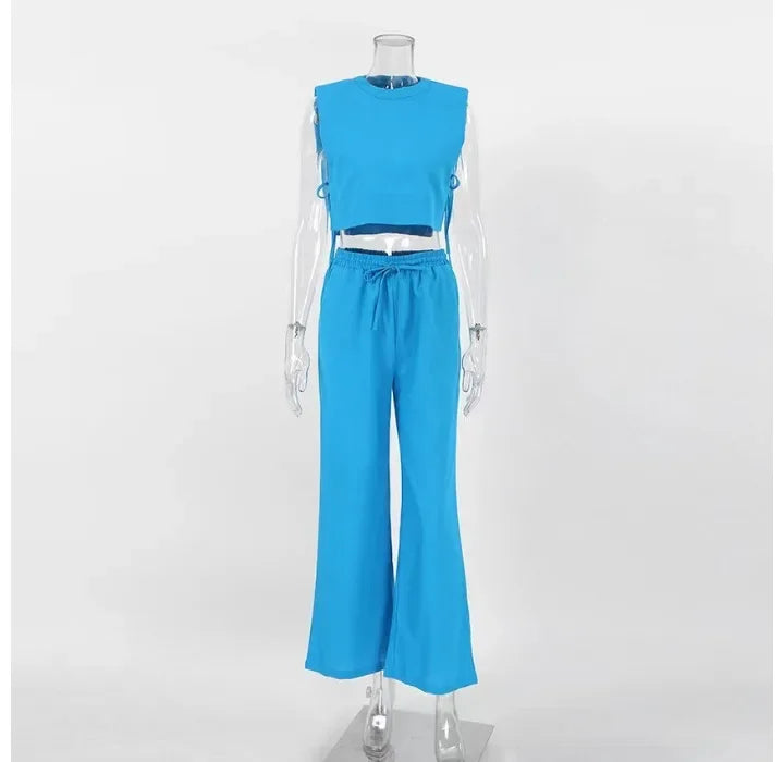 Fashion 2 Piece Sets Women Outfits Shoulder Pad Sleeveless Top & Pants Sets Casual Cotton and Linen Women's Suit 2024 Summer - Seprincess