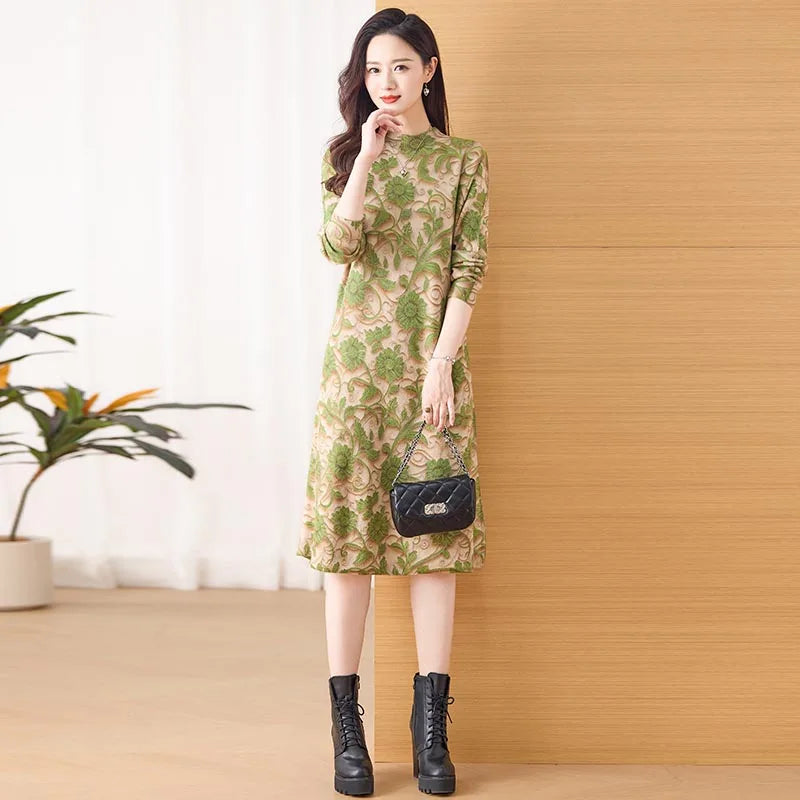 Woomen Clothing Korean Fashion Slim Knitted Jacquard Dresses Winter Thick Office Lady Daily Commute Comfortable Soft Dress - Seprincess