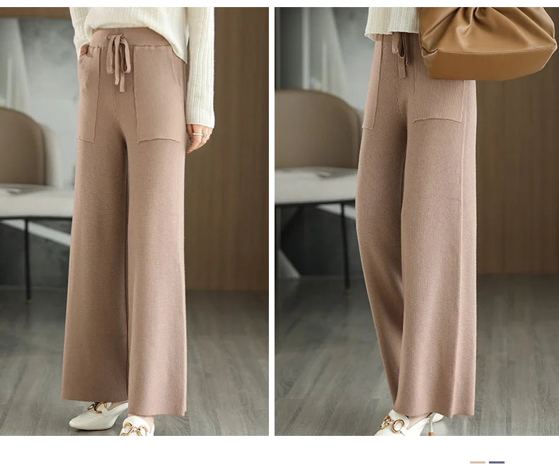 Women's Merino Wool Knitted Pants Office Lady Simple High Waist Straights Trousers Cashmere Wool Autumn Winter Thick Knitwear