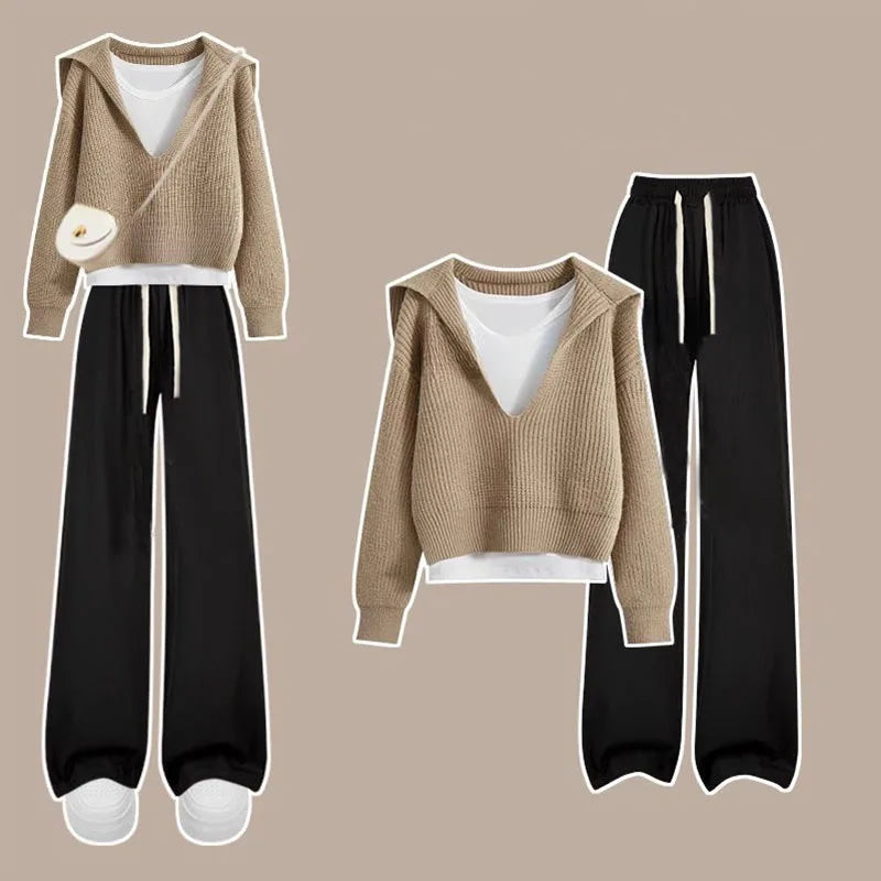 Women's Three Piece Set of Chanel Wide Leg Pants with Lazy Style, V-neck Sweater Vest, Autumn/winter 2024 New Outfit Pant Sets - Seprincess