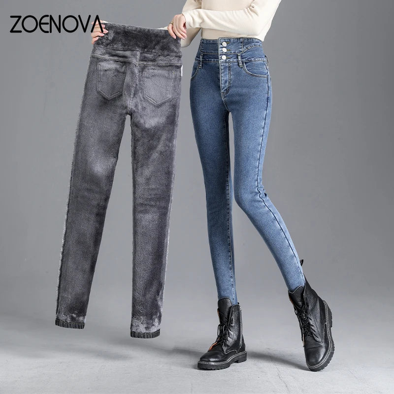 ZOENOVA Autumn Winter Streetwear Women Fleece Warm Jeans Fashion Casual Slim Versatile High Waist Elastic Velvet Soft Leggings