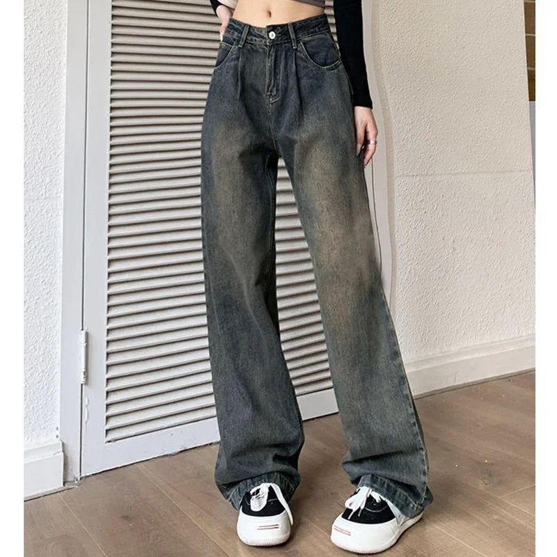 2024 Woman High Waist Vintage Baggy Jeans Lady Streetwear Wide Leg Pants Female Fashion Gray Blue Grey Light Blue Denim Trousers