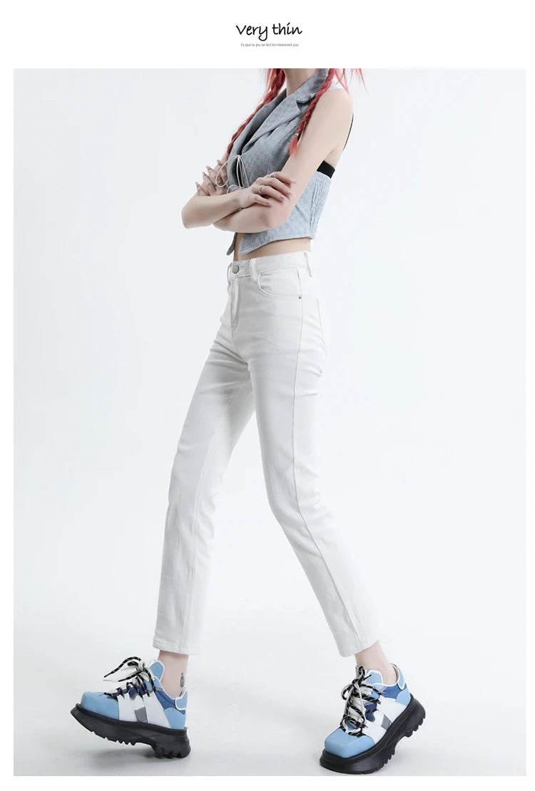 High Waisted Straight Slim Elastic Denim Jeans For Women Smoke Pipe 9,8 Pants Casual Brand Sexy Trousers Female