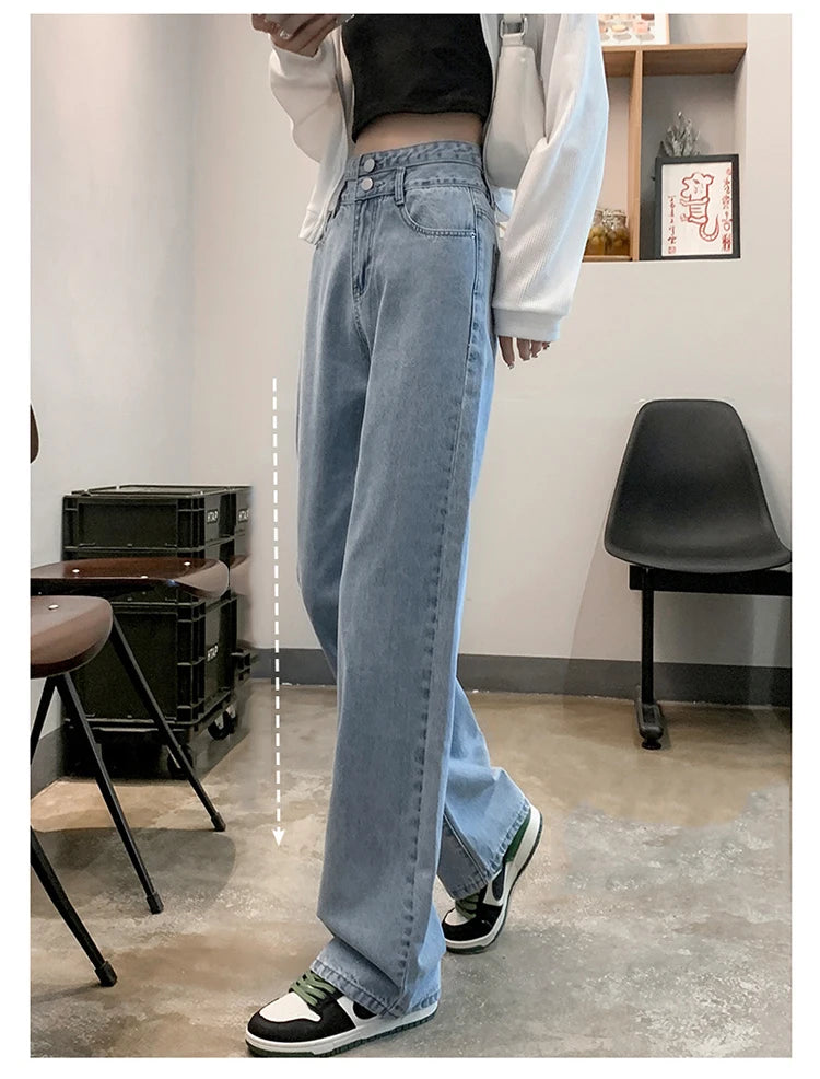 Fashion Denim Jeans Women Casual Autumn Spring Button Design Pants Loose Straight Brand High Quality New Arrivals Trousers