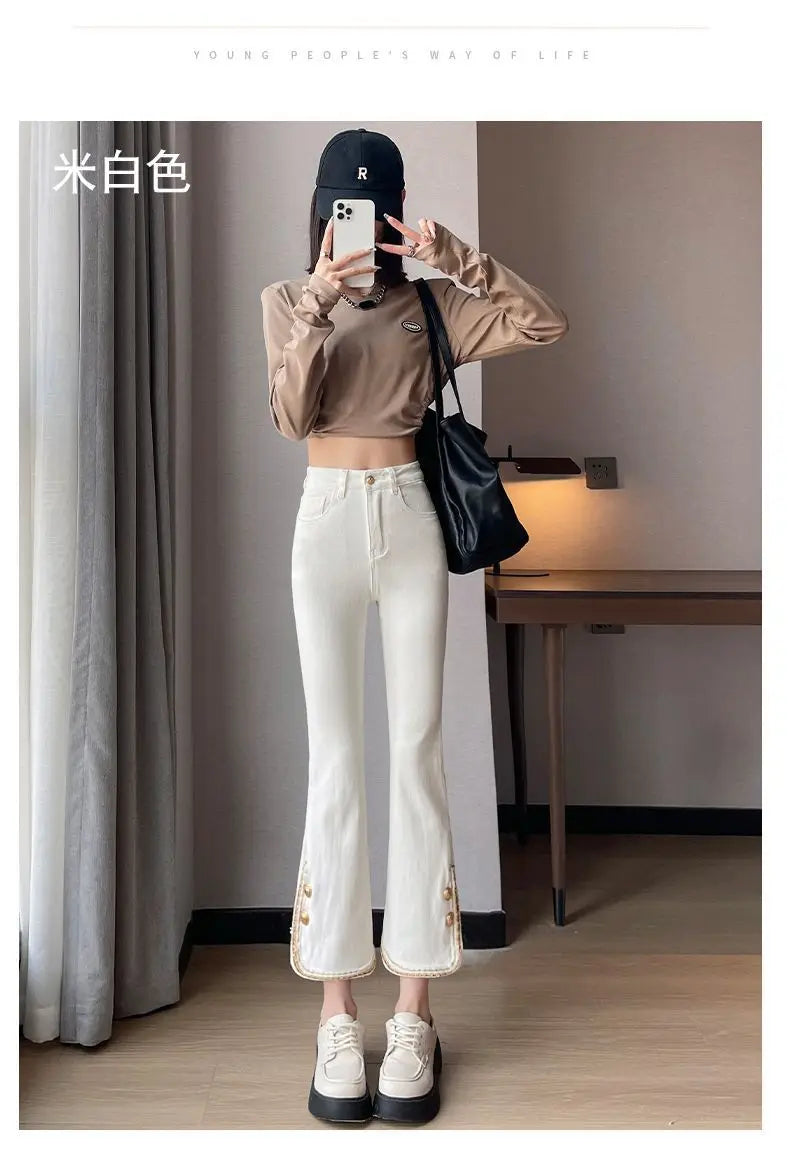 Winter Fashion Luxury Women's Clothing Slim Pants Elastic Force Solid Color Panelled Button Slit Straight Tube Cropped Trousers