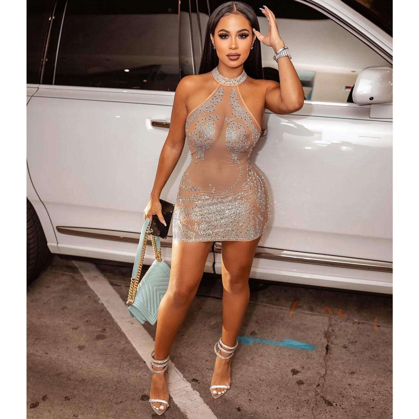 Sexy Mesh Rhinestone Short Prom Evening Mini Dress See Through Outfits Luxury For Women Night Club Party Diamond Bodycon Dresses - Seprincess