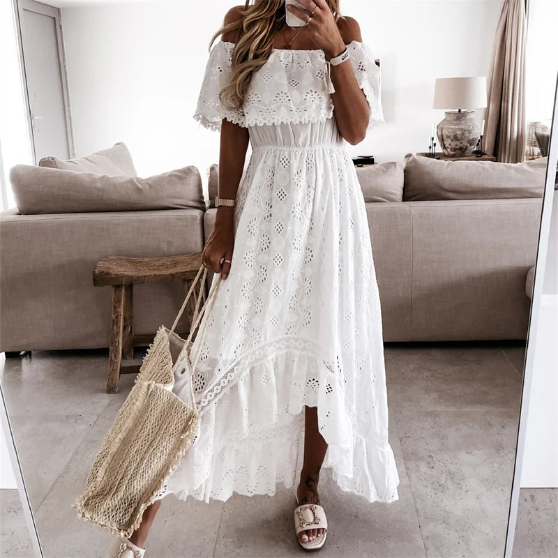 Elegant White Long Lace Dress Woman Off Shoulder Uncovered Short Sleeves Dress 2024 Summer Casual Boho Cover-ups Beachwear - Seprincess