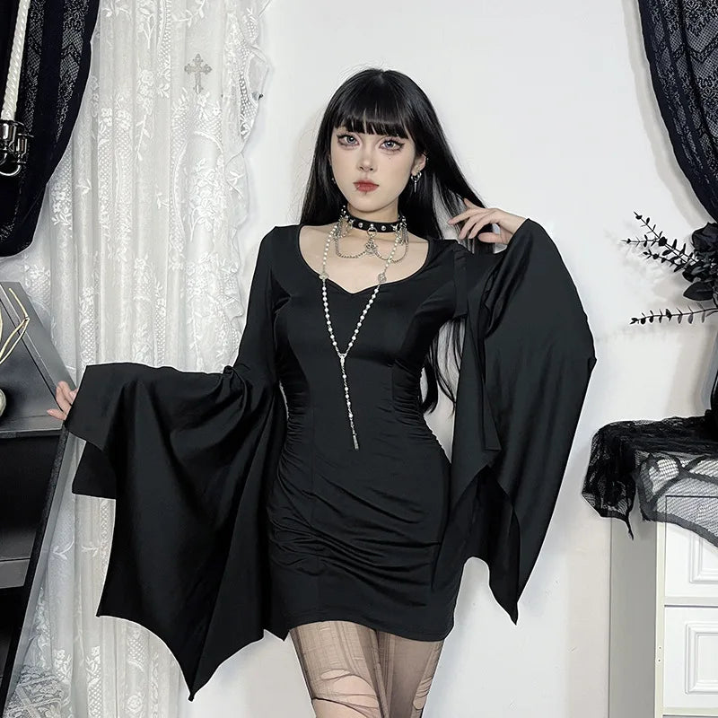 goth dark Cospaly Partywear Women Fashion Batwing Sleeve Mini Dress Elegant Slim Pleat Bodycon Dresses Mall Gothic Alt Teachwear - Seprincess