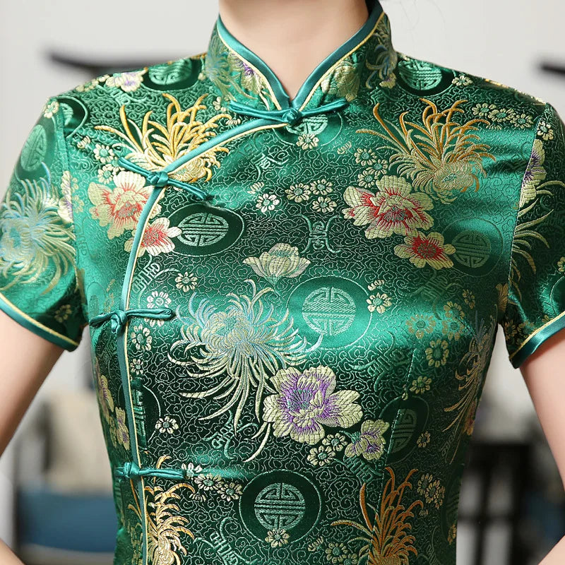 Green Brocade Satin Qipao Flower Mandarin Collar Cheongsam High Split Vestidos Oriental Bride Wedding Dresses Summer Party Gown - Seprincess