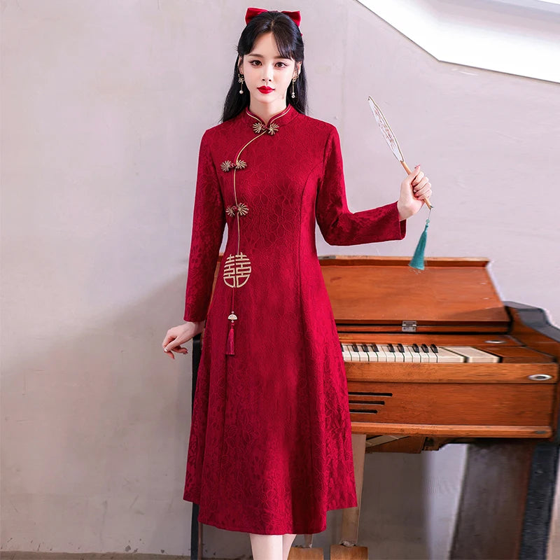 Retro Chinese Traditional Red Wedding Qipao Dress Modern Improved Long Sleeve Embroidered Cheongsam Plus Size Women Clothing CNY - Seprincess