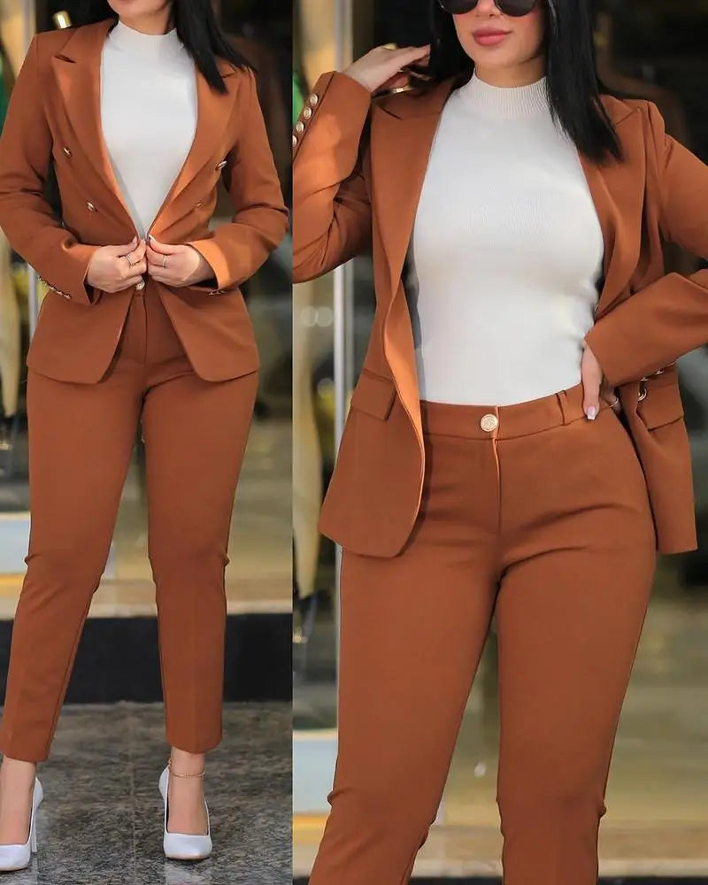 Casual Long Sleeve Suit Jacket Pants Set Office Lady Spring Autumn Elegant Solid Blouse Trousers Two Piece Set Women Outfit 2023 - Seprincess