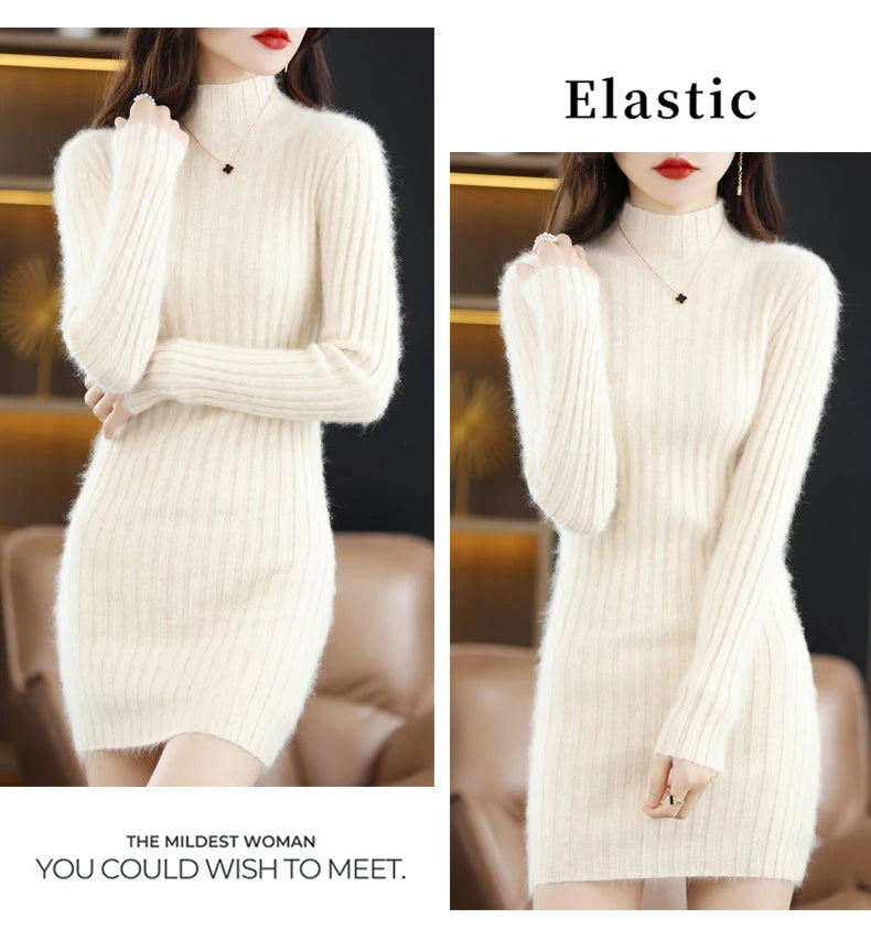 Women's High Collar Winter Warm Long Sleeve Solid Mink Cashmere Korean Version Loose Luxury Soft Cashmere Knitted Fit Dress - Seprincess