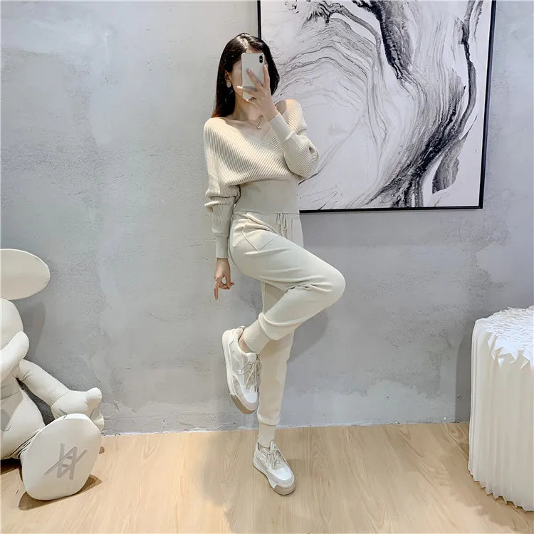 Elegant Tracksuit Sexy Two Piece Set Women Korean Style Ribbed Knitted Backless Top And Long Harem Pant Suit Autumn Outfits y2k - Seprincess