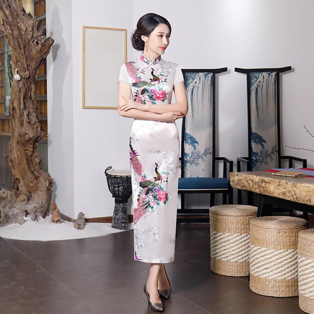 Chinese Style Qipao Satin Cheongsam Floral Embroidery Classic Wedding Evening Party Dress High Split Silky Plant Lady Dress - Seprincess