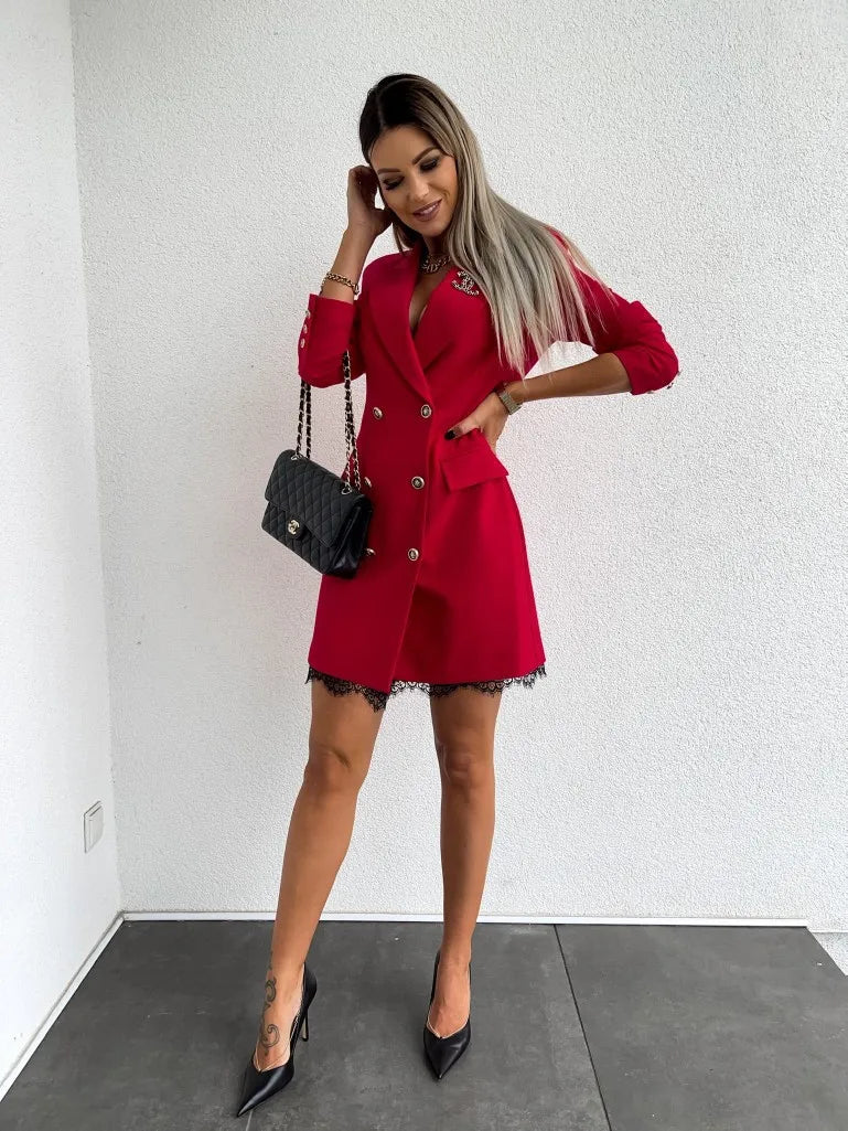 Office Lady Blazer Suit Dress Fashion Wrap V Neck Turndown Collar Sexy Mini Dress Women Long Sleeve Solid Blazer Party Dress - Seprincess