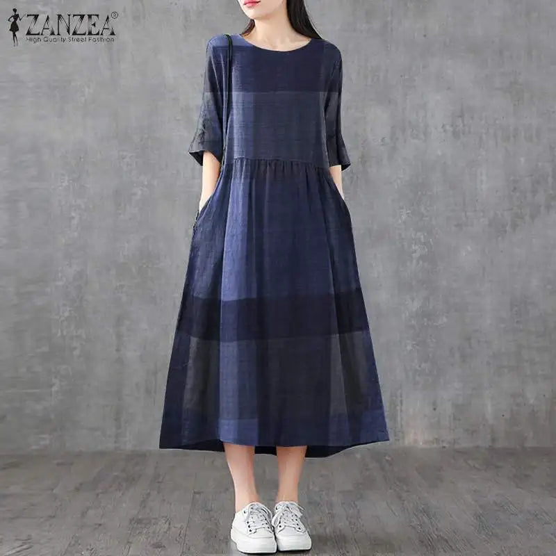 ZANZEA Women Cotton Linen Dresses Vintage Plaid Half Sleeve Midi Vestidos Casual O-neck Long Sundress 2023 Holiday Pocket Robes - Seprincess