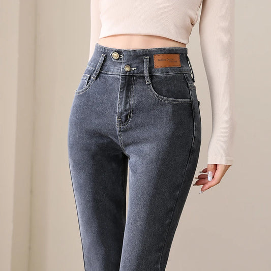 Autumn Woman Skinny Jeans High Waist Slim Korean Elastic Pencil Pants Female Fashion Denim Trousers Brand Grey Black