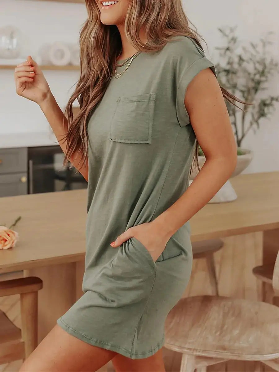 Summer New Loose Casual Women's T-shirt Fashion Round Neck Short Sleeve Pocket Dress Commuter - Seprincess