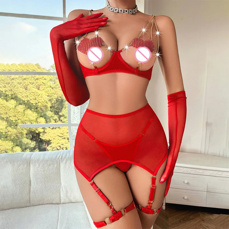 Erotic lingerie Tight fitting heart perspective mesh thin design sexy hot underwear women sexy lingere outfit Fantasy clothing - Seprincess