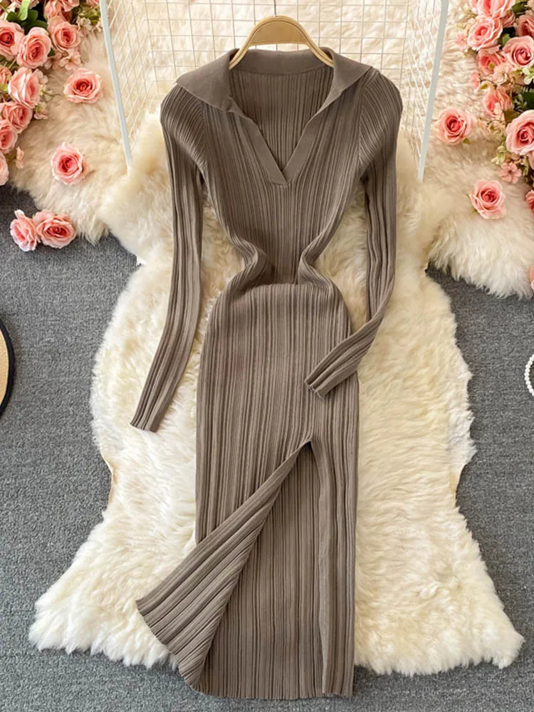 Women Korean Knitted Dress Long Sleeve V Neck Elastic Slim Pencil Dresses 2024 Autumn Sexy Bodycon Split Sweater Dress - Seprincess