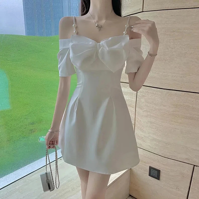 Zoki Bow Sexy Slash Neck Dress Women Summer Korean Elegant White Mini Dress Fashion All Match Party Night Camis Vestidos - Seprincess