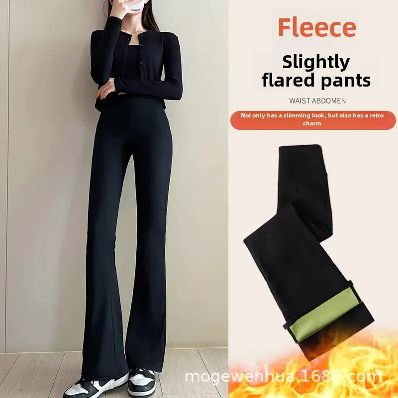 Women's High-Waisted Fleece-Lined Bell-Bottom Pants Autumn/Winter New Style Thickened Extended Slimming Black Draped Horsehoe Mi