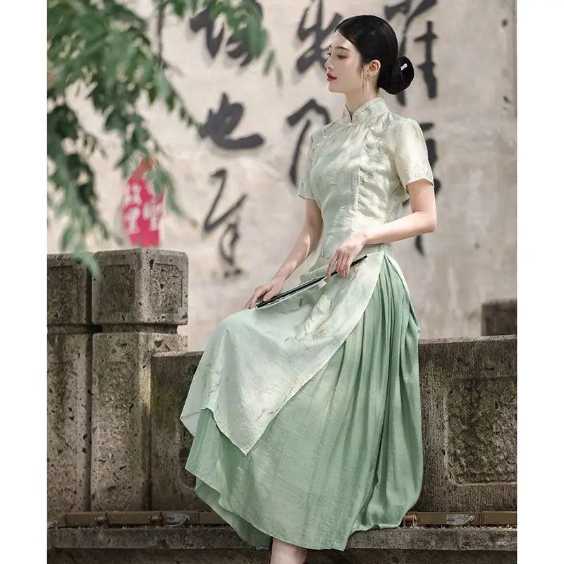 Retro Chinese Style Short Sleeve Qipao Two-piece Set Women New Chinese Style Green Improved Cheongsam Summer Long Dresses - Seprincess