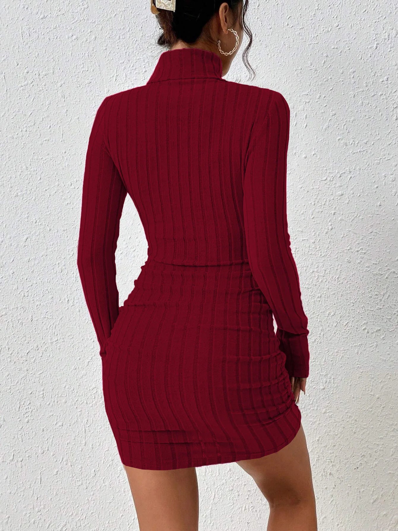 Women's Elegant Sexy Dress Autumn and Winter 2024 Burgundy Simple Style Turtleneck Short Slim New Fashion - Seprincess