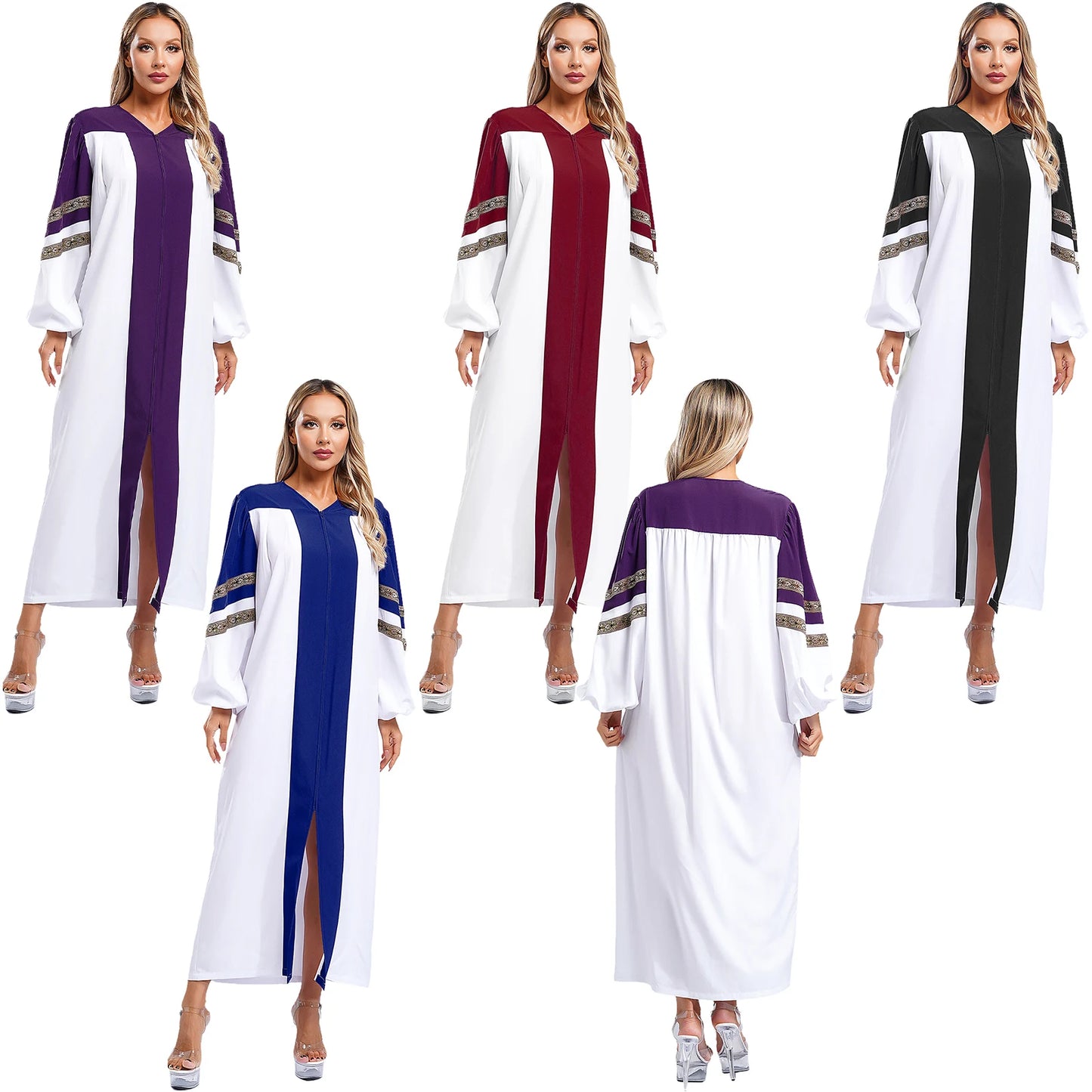 Womens Mens Church Choir Robe Halloween Cosplay Theme Party Costume V-Neck Embroidered Stripes Long Sleeve Zipper Clergy Gown - Seprincess