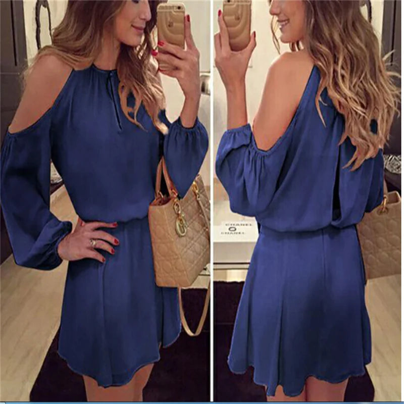 New Women Sexy Long Sleeves Casual Off Shoulder Chiffon Party Evening Club wear Short Mini Dress - Seprincess