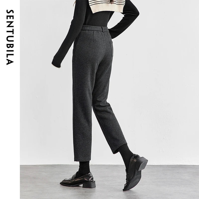 SENTUBILA Straight Wool Knitted Pants Women 2024 Winter Slim Fit  Thick Warm High Waist Ankle Knee-length Pencil Pant 144K56342