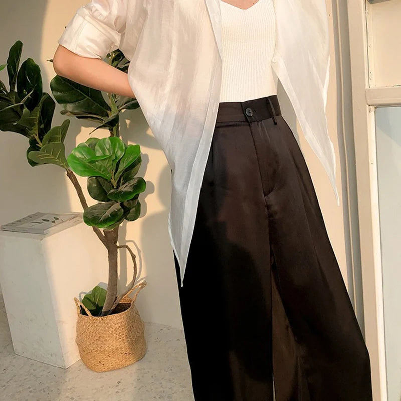 Summer Silk Satin Wide Leg Pants Thin Women Spring Office Straight Suit Trousers Classic Baggy Elegant High Waist Straight Pants