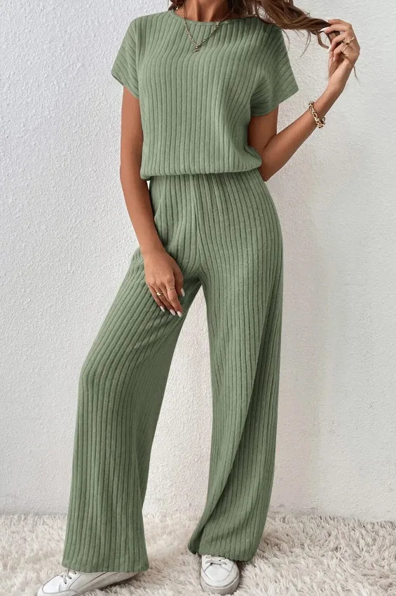 Elegant Short-sleeved Top + Trousers 2-piece Set For Women Fashion Autumn Winter Solid Color Short-sleeved Knitted Suit Female - Seprincess