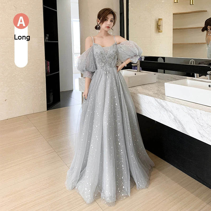 Bridesmaid Dress Temperament Lantern Sleeve Sequin Party Dress Fairy Stage Performance Dress Elegant Banquet Dress A-Long Dress - Seprincess