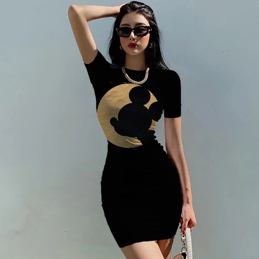 Disney Minnie Mickey Mouse bow print Elegant Pencil Dress Womens Simple Sheath Office Dresses Summer Short sleeve Casual Vestido - Seprincess