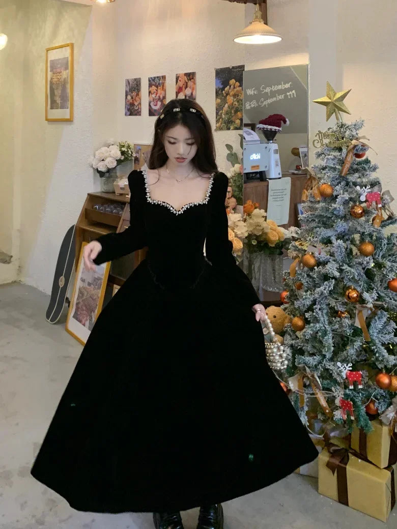 Woman's Party Evening Engagement Velvet Dress Black Vintage Prom Birthday Red Dress Long Sleeves Formal Christmas Clothing Robe - Seprincess