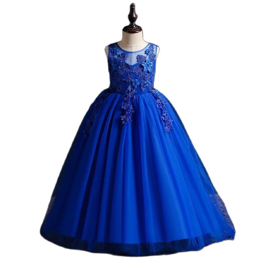 Blue New Girl Flower Long Dress Children's Ball Embroidered Princess Dress for 4 to 14 years Girl Party Wear - Seprincess