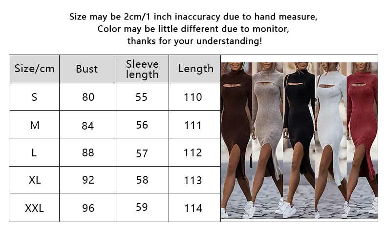 Women Autumn Winter Knitted Long Midi Split Dress Solid Office Lady Pullover Bodycon Slim Long Sleeve Sexy Hollow Out Sweater - Seprincess