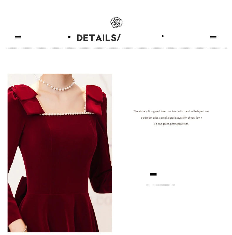 Burgundy Velvet Evening Dress Elegant Beaded Square Collar Engagement Dresses Temperament Bow Long Sleeve Formal Banquet Gown - Seprincess